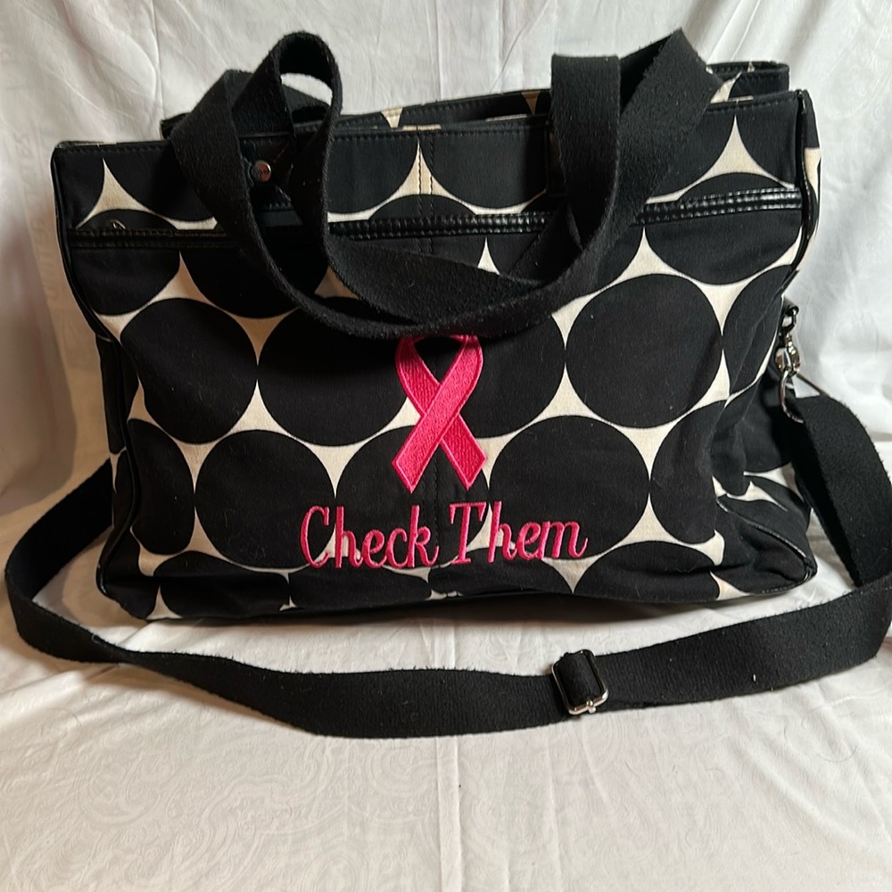 Thirty One  Laptop Crossbody Bag Black & White Polka Dots Breast Cancer Logo